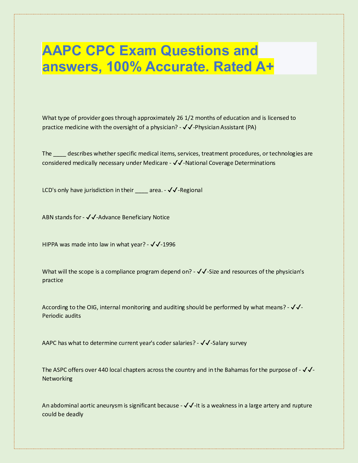 Preview image for AAPC CPC Exam Questions and  answers, 100% Accurate. Rated A+